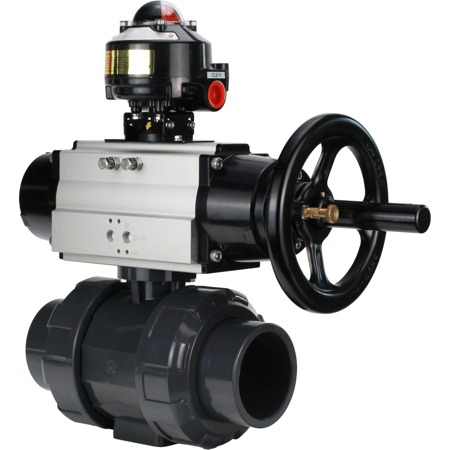 Ball valves Elephant BV4242E-FP-GRM-ISO, body material - UPVC, ball material - UPVC, seal - EPDM, with pneumatic actuator double action PA-DA-105-1 and LSU APL-510N EX