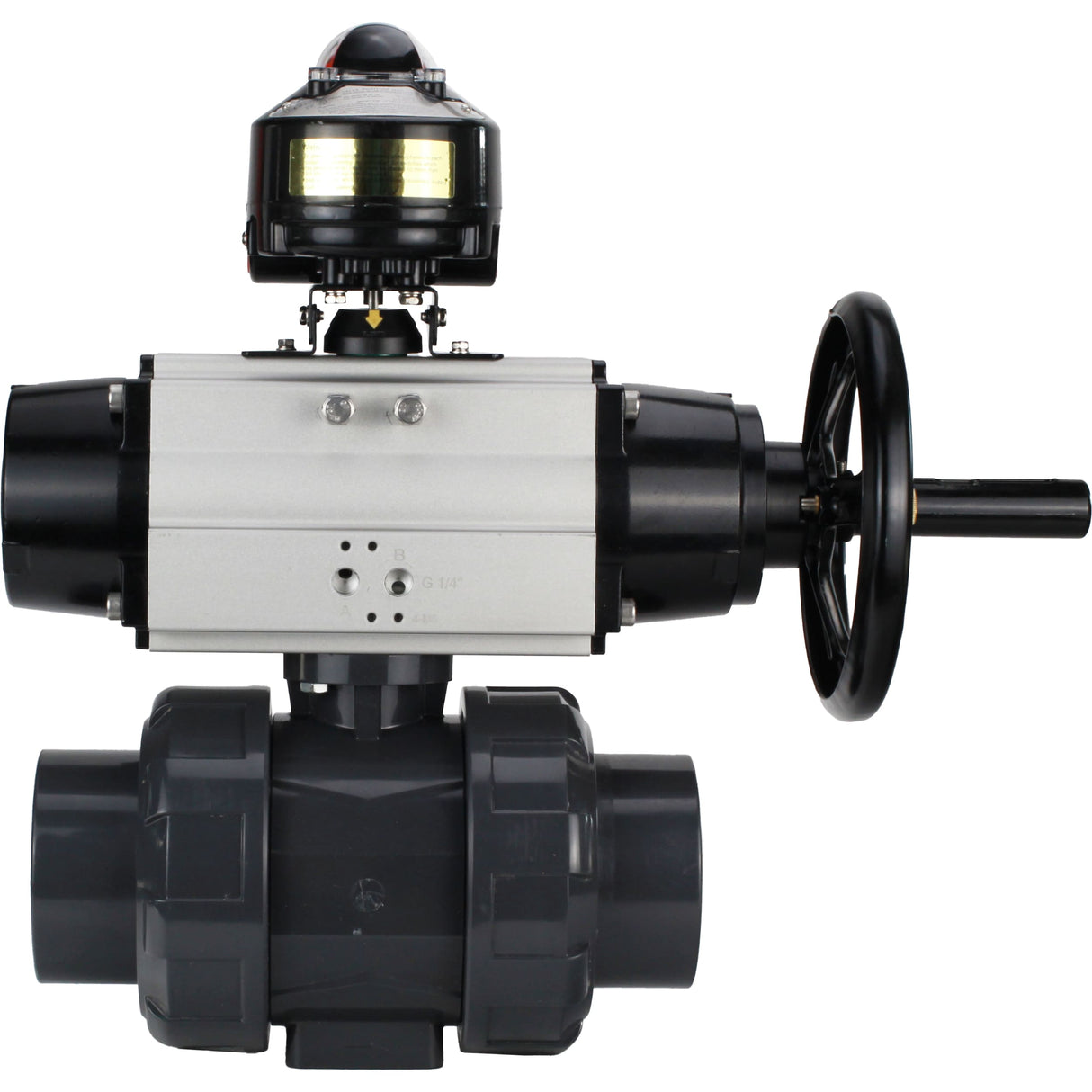 Ball valves Elephant BV4242E-FP-GRM-ISO, body material - UPVC, ball material - UPVC, seal - EPDM, with pneumatic actuator double action PA-DA-105-1 and LSU APL-510N EX