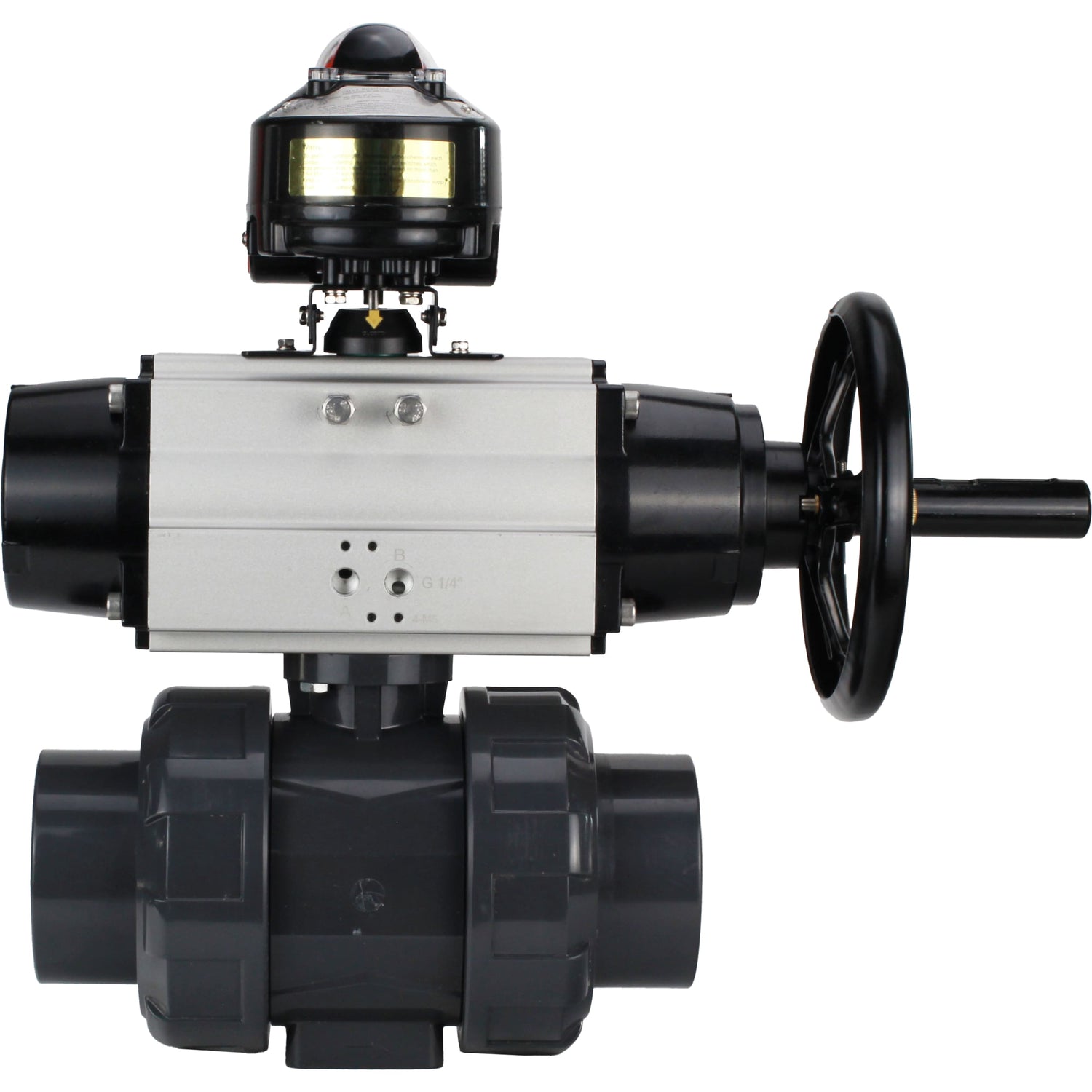 Ball valves Elephant BV4242E-FP-GRM-ISO, body material - UPVC, ball material - UPVC, seal - EPDM, with pneumatic actuator double action PA-DA-105-1 and LSU APL-510N EX