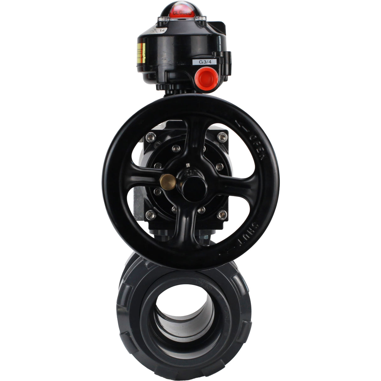 Ball valves Elephant BV4242E-FP-GRM-ISO, body material - UPVC, ball material - UPVC, seal - EPDM, with pneumatic actuator double action PA-DA-105-1 and LSU APL-510N EX