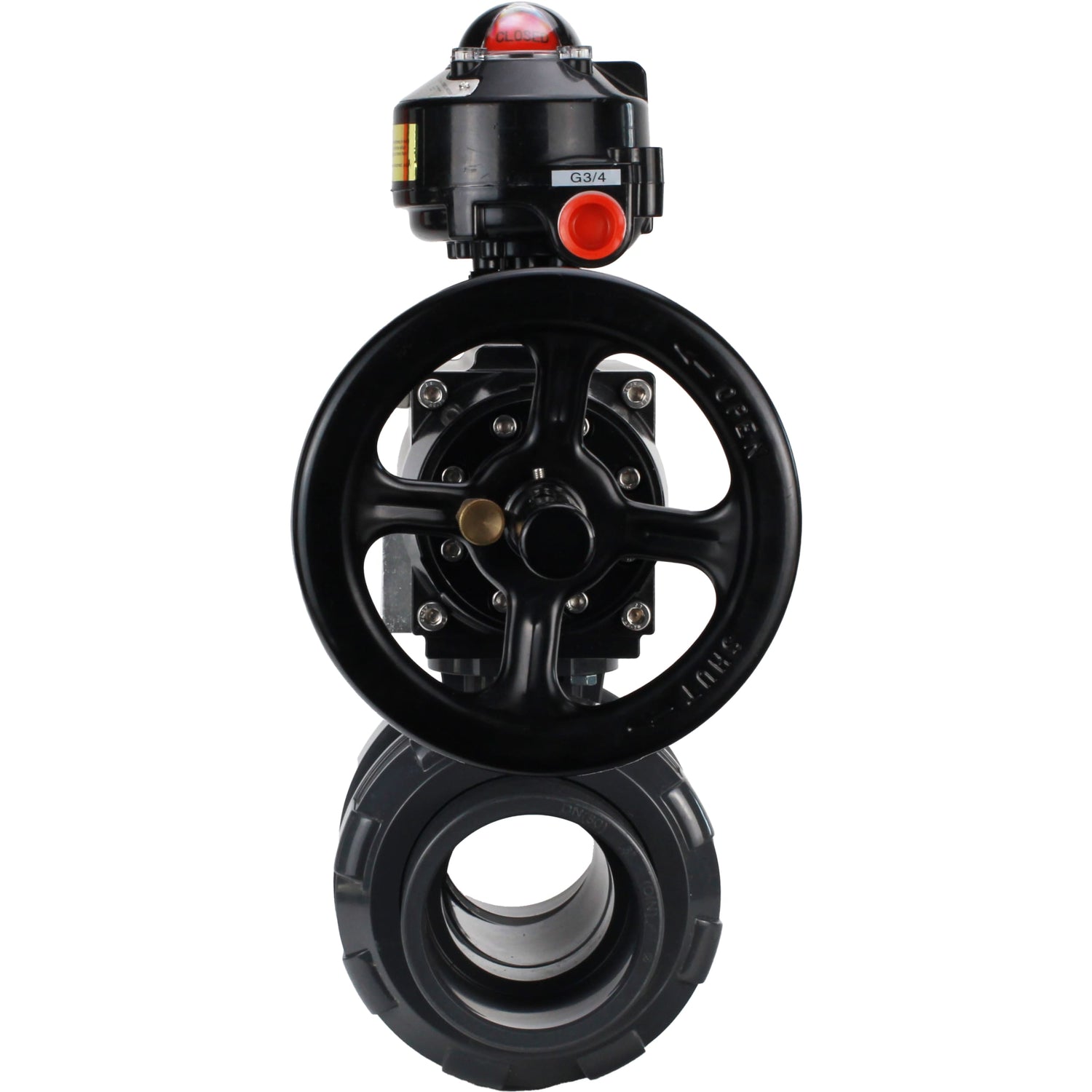 Ball valves Elephant BV4242E-FP-GRM-ISO, body material - UPVC, ball material - UPVC, seal - EPDM, with pneumatic actuator double action PA-DA-105-1 and LSU APL-510N EX