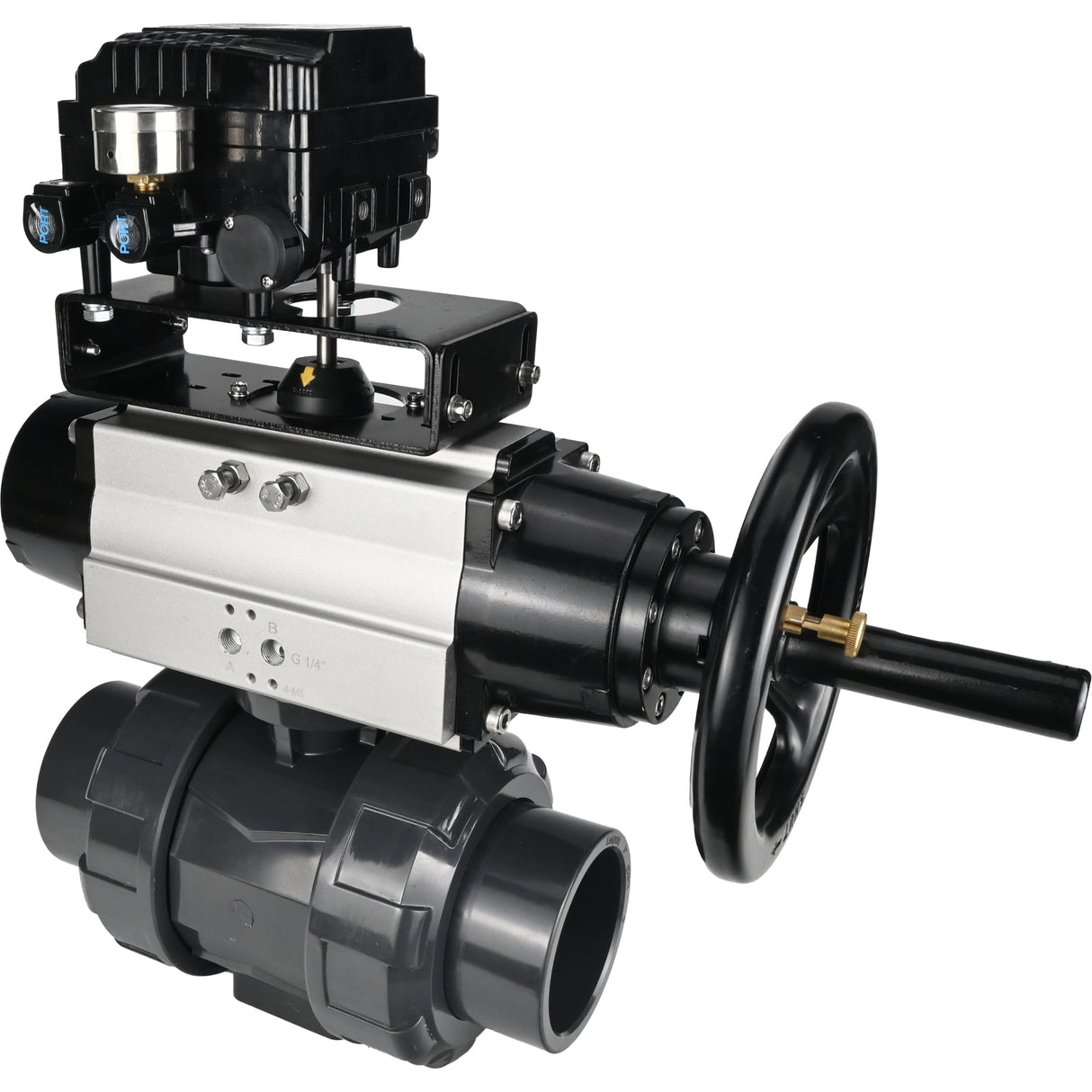 Ball valves Elephant BV4242E-FP-GRM-ISO, body material - UPVC, ball material - UPVC, seal - EPDM, with pneumatic actuator double action PA-DA-105-1 and electro-pneumatic rotary positioner YT-1000RSN without feedback