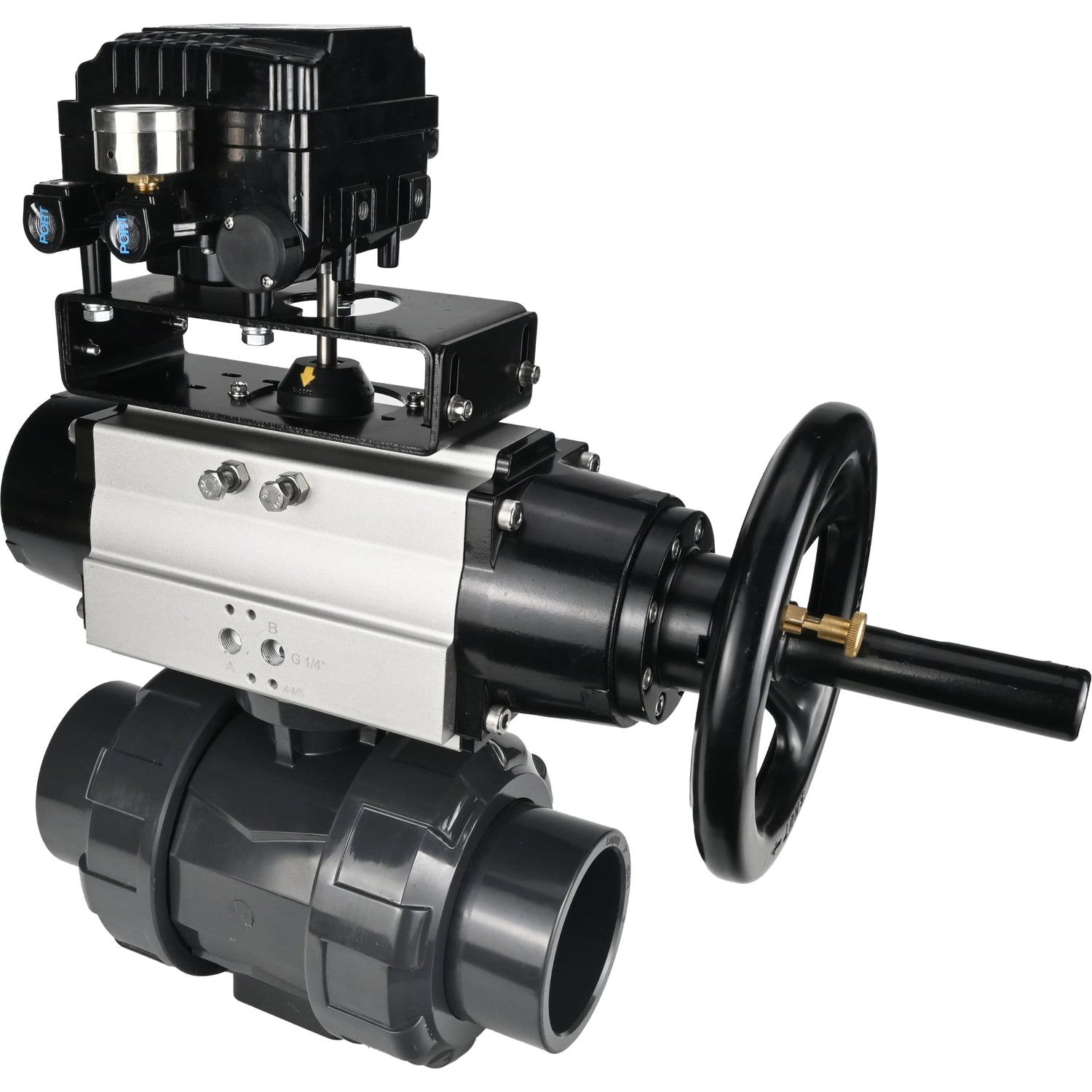 Ball valves Elephant BV4242E-FP-GRM-ISO, body material - UPVC, ball material - UPVC, seal - EPDM, with pneumatic actuator double action PA-DA-105-1 and electro-pneumatic rotary positioner YT-1000RSN without feedback