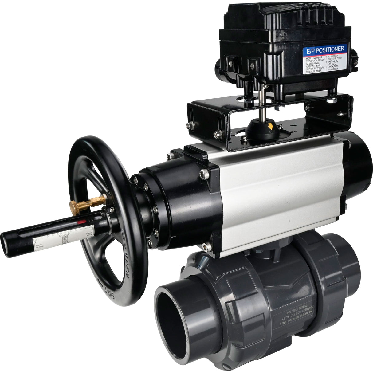 Ball valves Elephant BV4242E-FP-GRM-ISO, body material - UPVC, ball material - UPVC, seal - EPDM, with pneumatic actuator double action PA-DA-105-1 and electro-pneumatic rotary positioner YT-1000RSN without feedback
