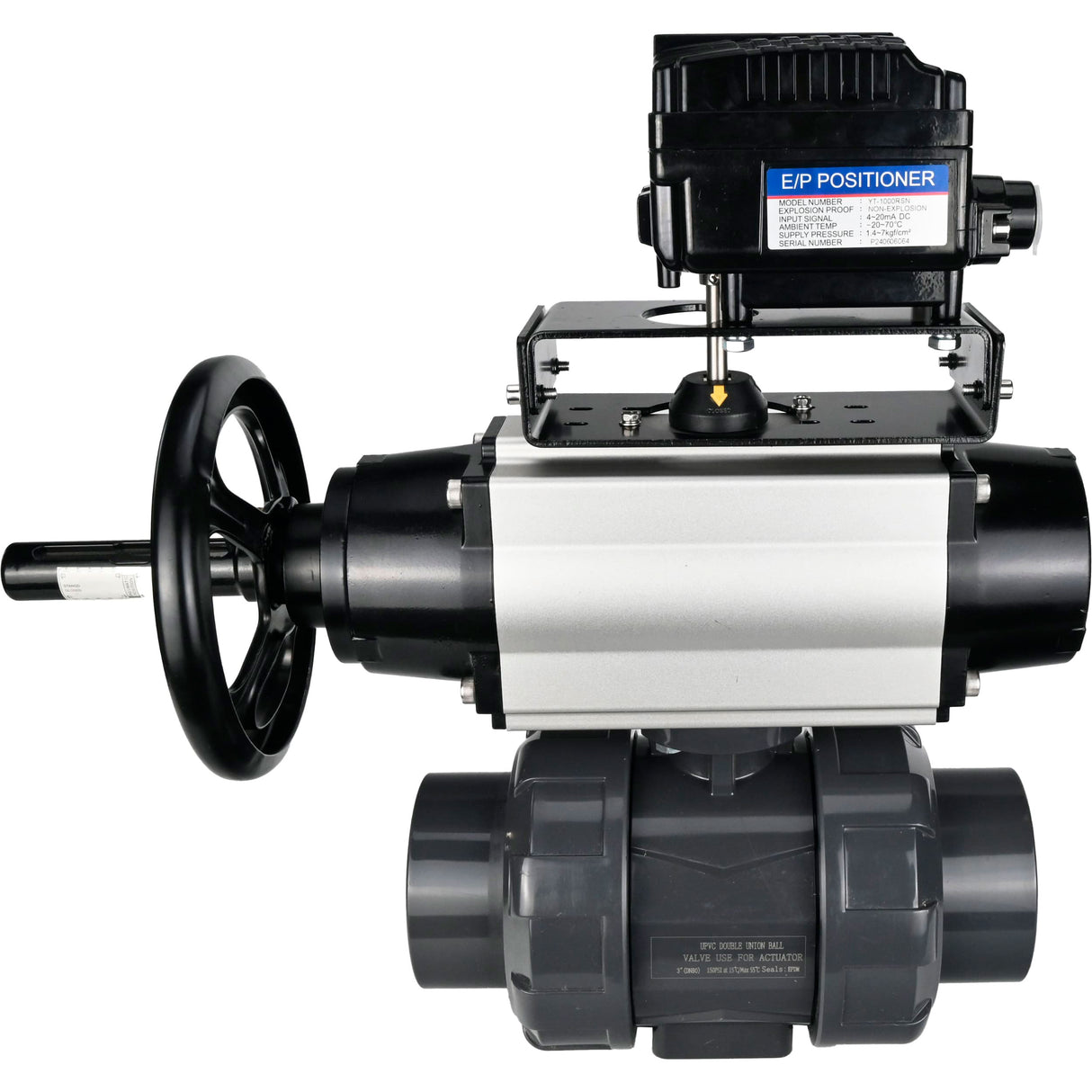 Ball valves Elephant BV4242E-FP-GRM-ISO, body material - UPVC, ball material - UPVC, seal - EPDM, with pneumatic actuator double action PA-DA-105-1 and electro-pneumatic rotary positioner YT-1000RSN without feedback