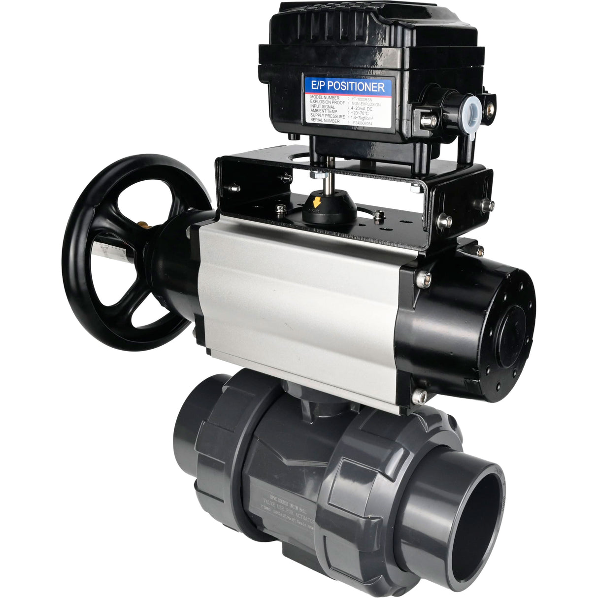 Ball valves Elephant BV4242E-FP-GRM-ISO, body material - UPVC, ball material - UPVC, seal - EPDM, with pneumatic actuator double action PA-DA-105-1 and electro-pneumatic rotary positioner YT-1000RSN without feedback