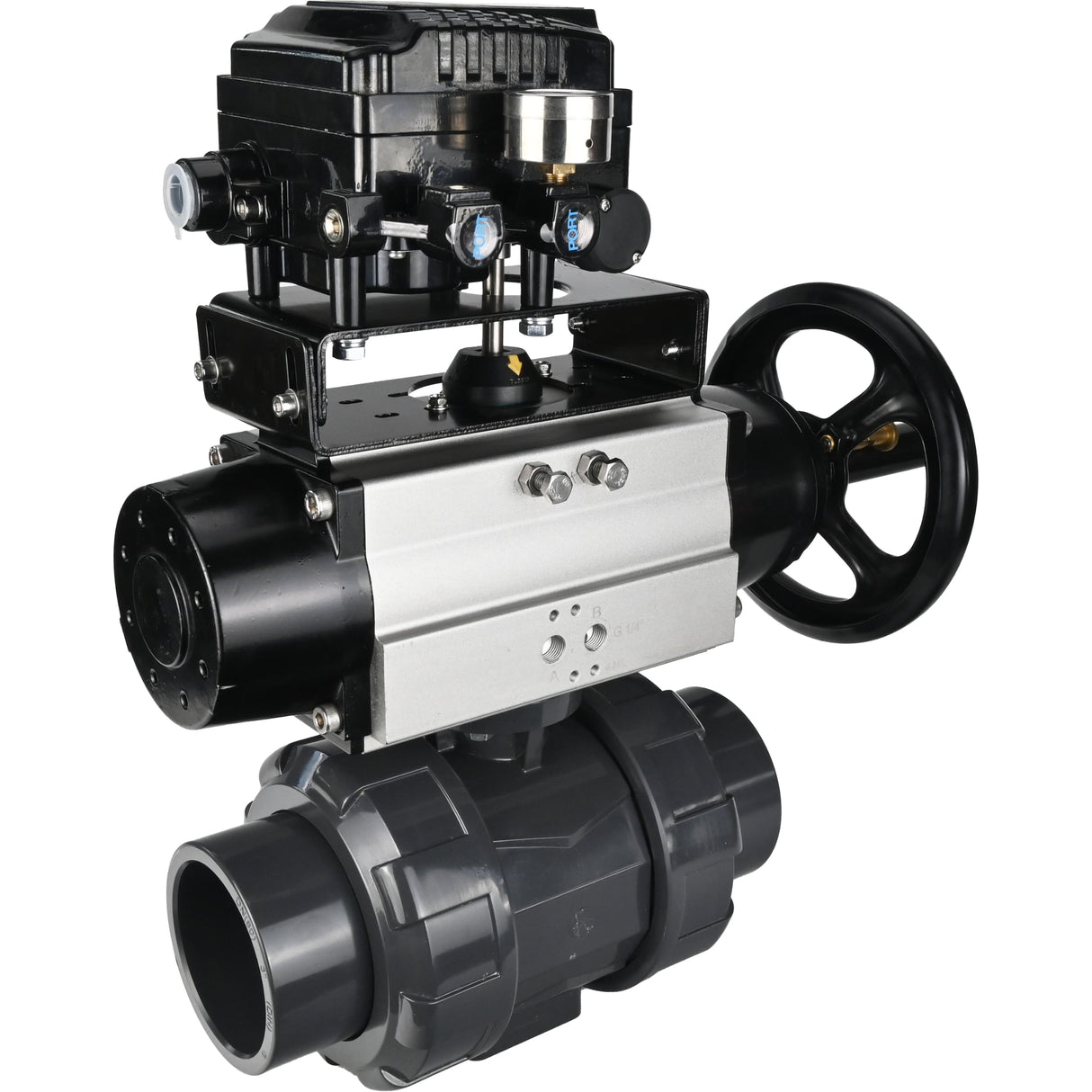 Ball valves Elephant BV4242E-FP-GRM-ISO, body material - UPVC, ball material - UPVC, seal - EPDM, with pneumatic actuator double action PA-DA-105-1 and electro-pneumatic rotary positioner YT-1000RSN without feedback