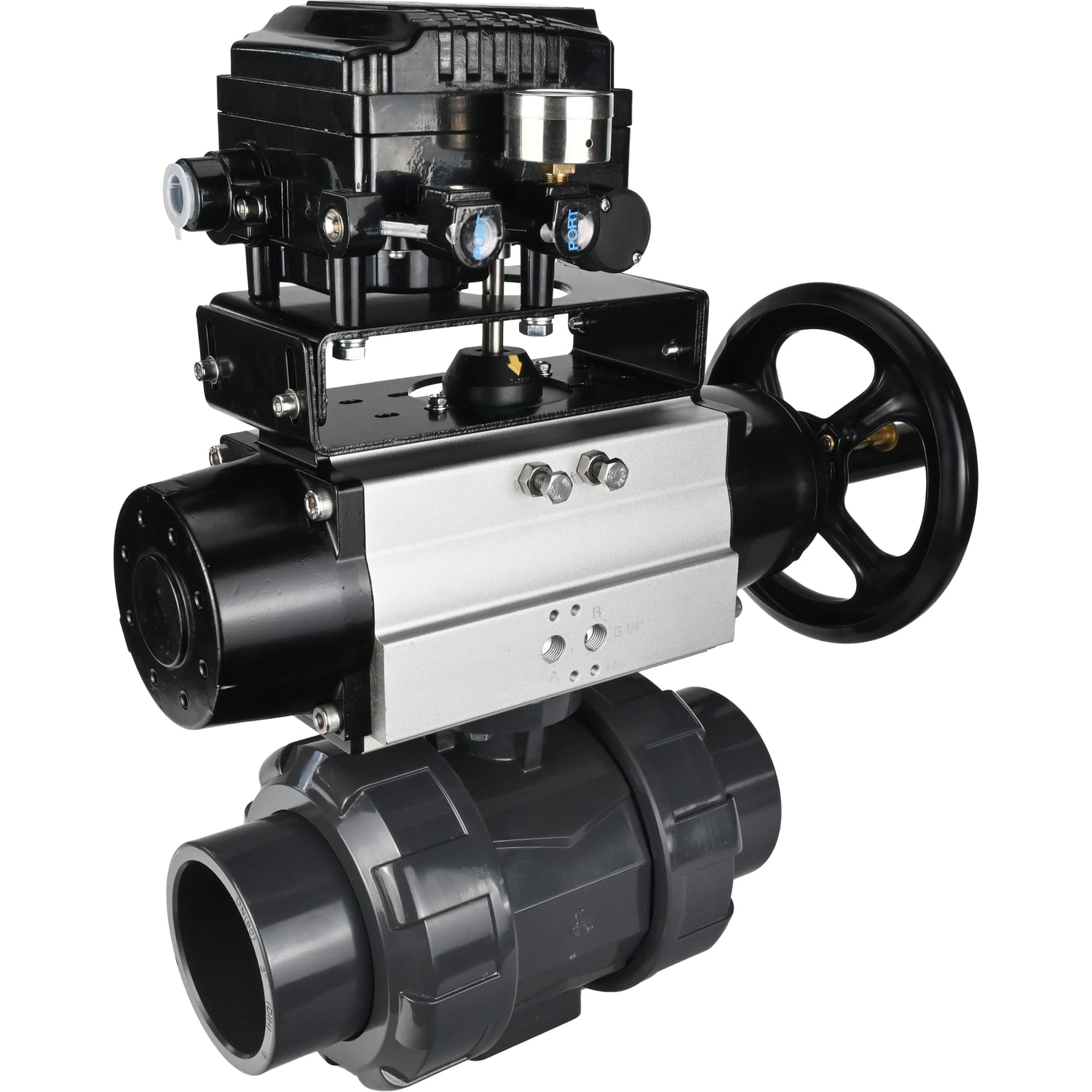 Ball valves Elephant BV4242E-FP-GRM-ISO, body material - UPVC, ball material - UPVC, seal - EPDM, with pneumatic actuator double action PA-DA-105-1 and electro-pneumatic rotary positioner YT-1000RSN without feedback