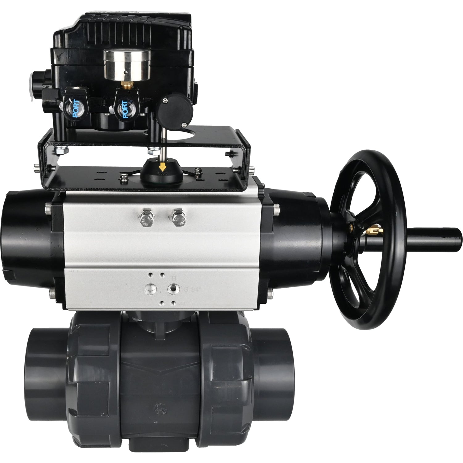 Ball valves Elephant BV4242E-FP-GRM-ISO, body material - UPVC, ball material - UPVC, seal - EPDM, with pneumatic actuator double action PA-DA-105-1 and electro-pneumatic rotary positioner YT-1000RSN without feedback