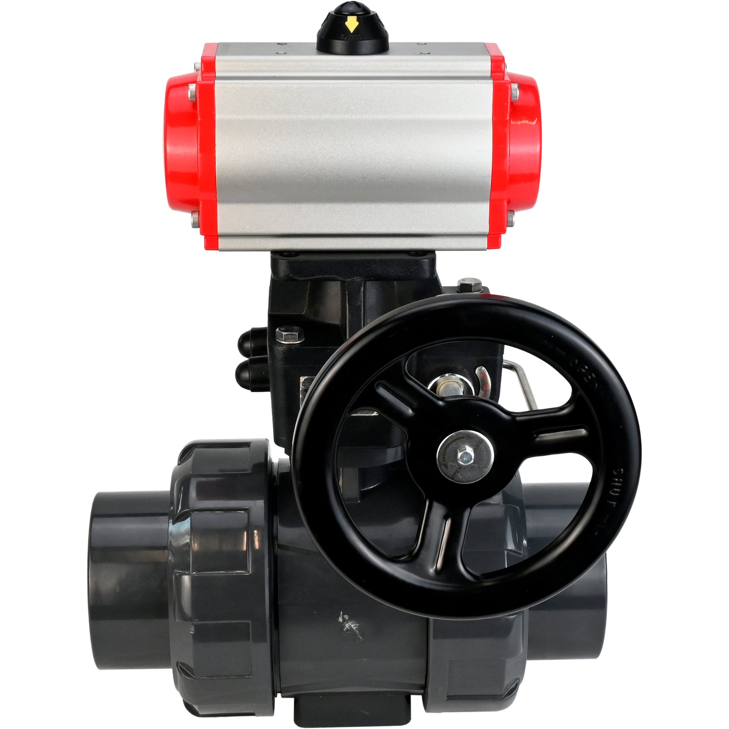 Ball valves Elephant BV4242E-FP-GRM-ISO, body material - UPVC, ball material - UPVC, seal - EPDM, with pneumatic actuator double action PA-DA, pneumatic distributor 4M310-08 220V and handwheel MON
