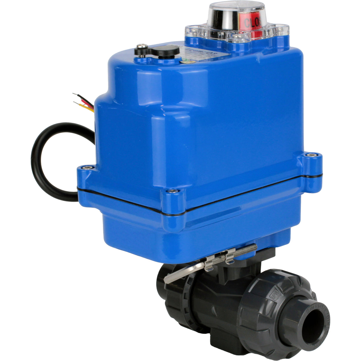 Ball valves Elephant BV4242E-FP-GRM-ISO, body material - UPVC, ball material - UPVC, seal - EPDM, with quarter-turn actuator QT-N-003EM-O1-12VDC-U1 blue