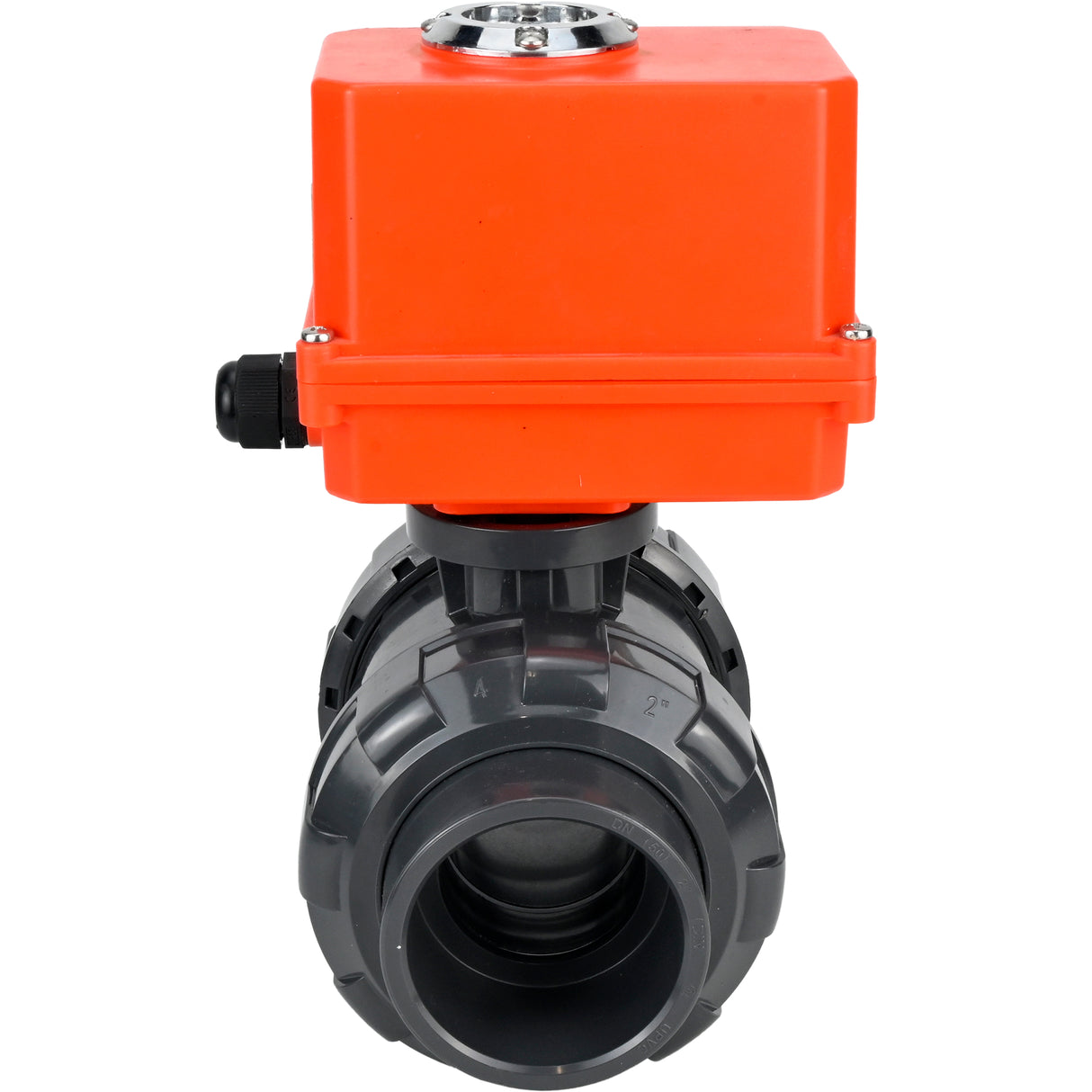 Ball valves Elephant BV4242E-FP-GRM-ISO, body material - UPVC, ball material - UPVC, seal - EPDM, with quarter-turn actuator QT-N-003EM-O1-220VAC-U1 MINI
