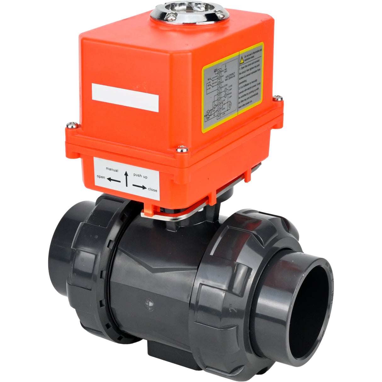 Ball valves Elephant BV4242E-FP-GRM-ISO, body material - UPVC, ball material - UPVC, seal - EPDM, with quarter-turn actuator QT-N-003EM-O1-220VAC-U1 MINI