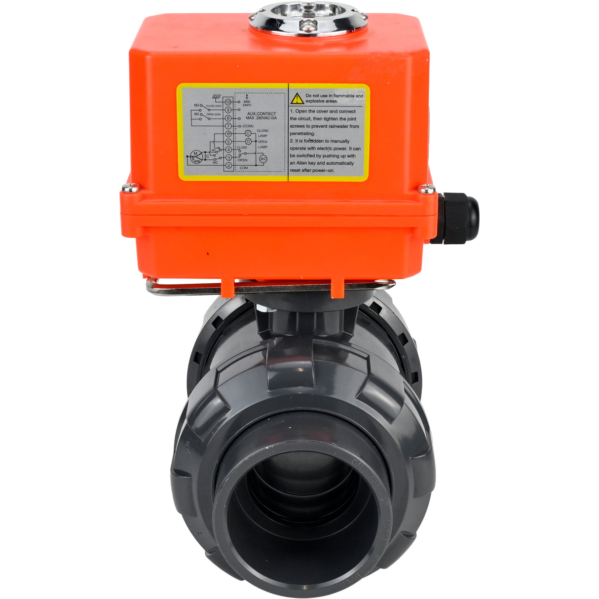 Ball valves Elephant BV4242E-FP-GRM-ISO, body material - UPVC, ball material - UPVC, seal - EPDM, with quarter-turn actuator QT-N-003EM-O1-220VAC-U1 MINI