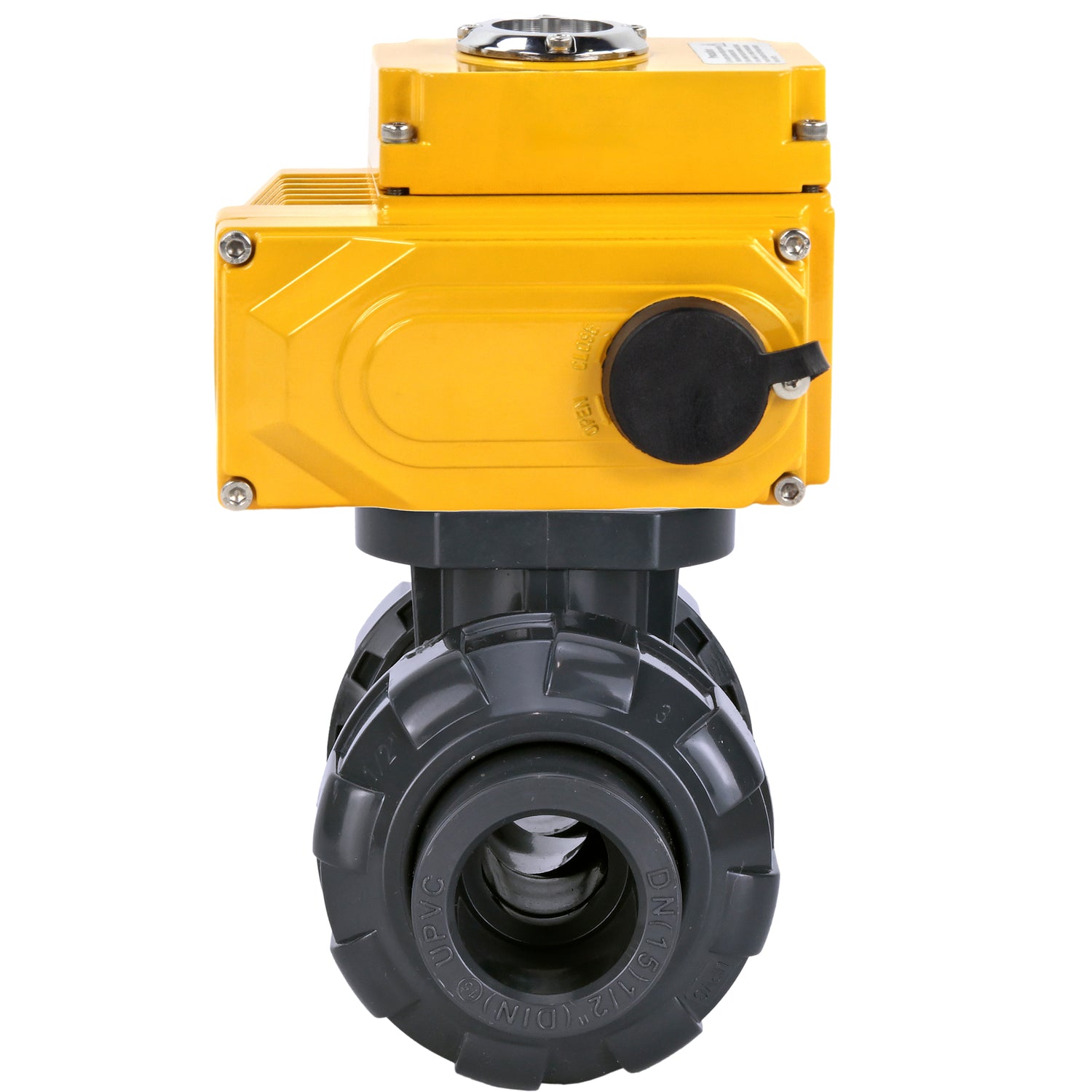 Ball valves Elephant BV4242E-FP-GRM-ISO, body material - UPVC, ball material - UPVC, seal - EPDM, with quarter-turn actuator QT-N-EM-O1-24VDC-U1 24V