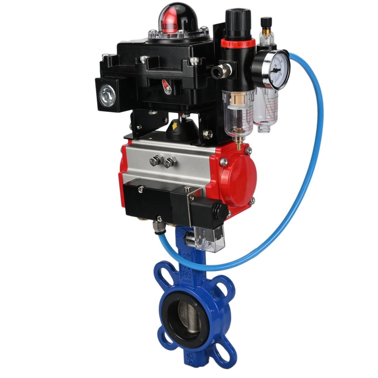Water butterfly valve Elephant GGG50-GGG40-EPDM body material - cast iron GGG50, disk material - cast iron GGG40, seal - EPDM with pneumatic actuator Elephant DA, pneumatic distributor 4M310-08 24V, limit switch block APL-410N EX and air filter AFC2000