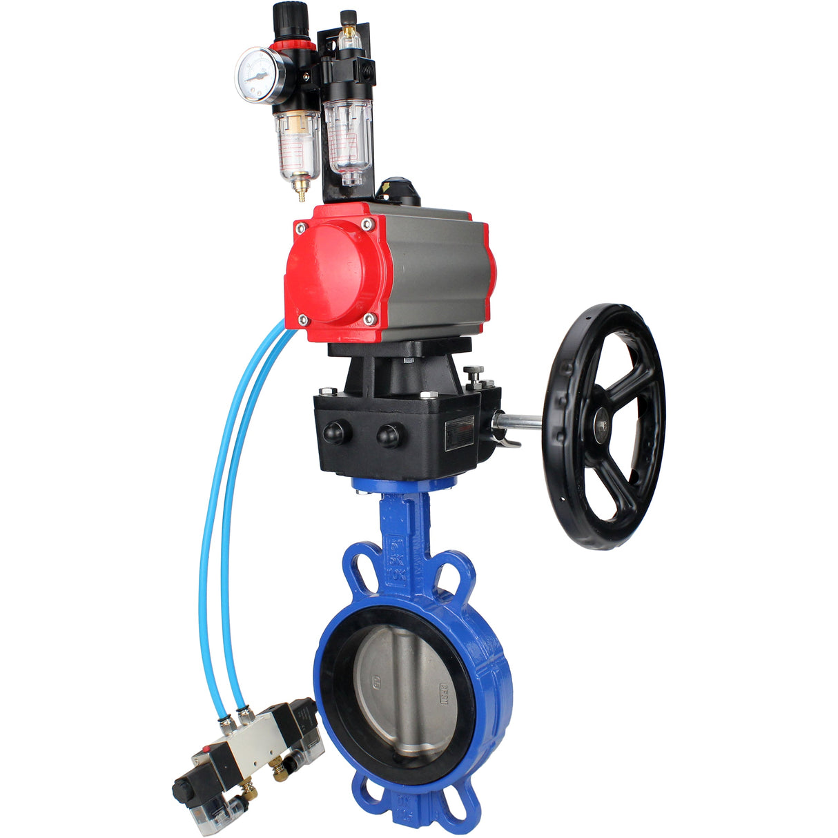 Water Butterfly Valve Elephant WBV1413E-2W-Fb-H, body material - cast iron GGG50, disk material - cast iron GGG40, seal - EPDM, with pneumatic actuator double action PA-DA, 4V320-08 220V, handwheel MON, ATU AFC2000