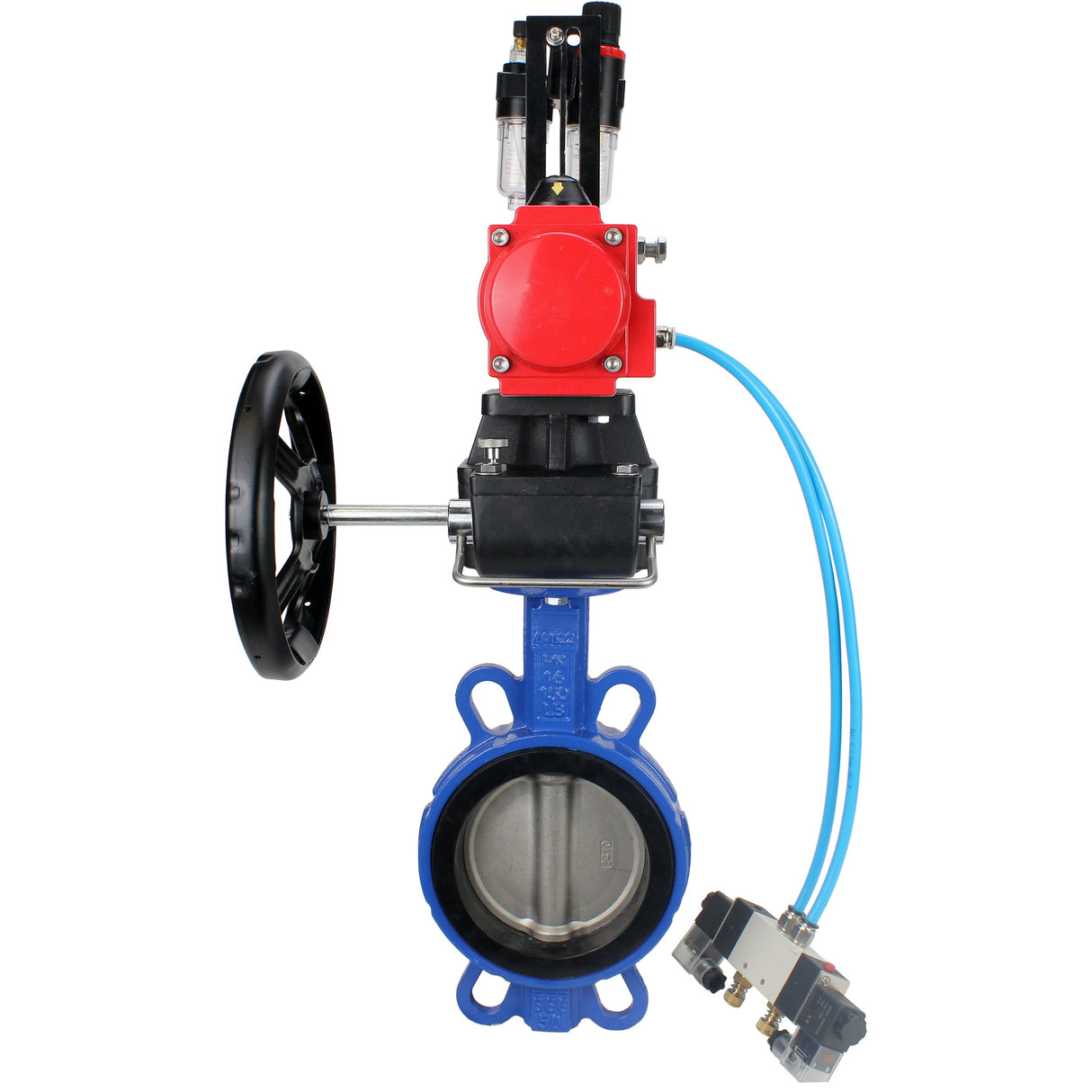 Water Butterfly Valve Elephant WBV1413E-2W-Fb-H, body material - cast iron GGG50, disk material - cast iron GGG40, seal - EPDM, with pneumatic actuator double action PA-DA, 4V320-08 220V, handwheel MON, ATU AFC2000