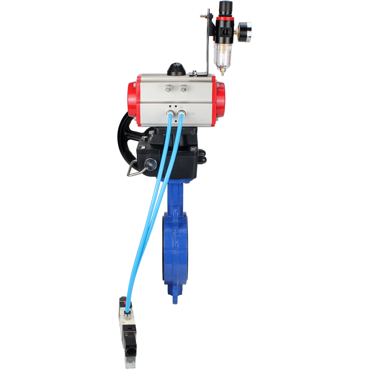 Water Butterfly Valve Elephant WBV1413E-2W-Fb-H, body material - cast iron GGG50, disk material - cast iron GGG40, seal - EPDM, with pneumatic actuator double action PA-DA, 4V320-08 220V, handwheel MON, ATU AFC2000