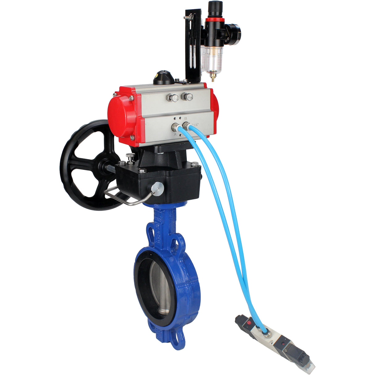 Water Butterfly Valve Elephant WBV1413E-2W-Fb-H, body material - cast iron GGG50, disk material - cast iron GGG40, seal - EPDM, with pneumatic actuator double action PA-DA, 4V320-08 220V, handwheel MON, ATU AFC2000