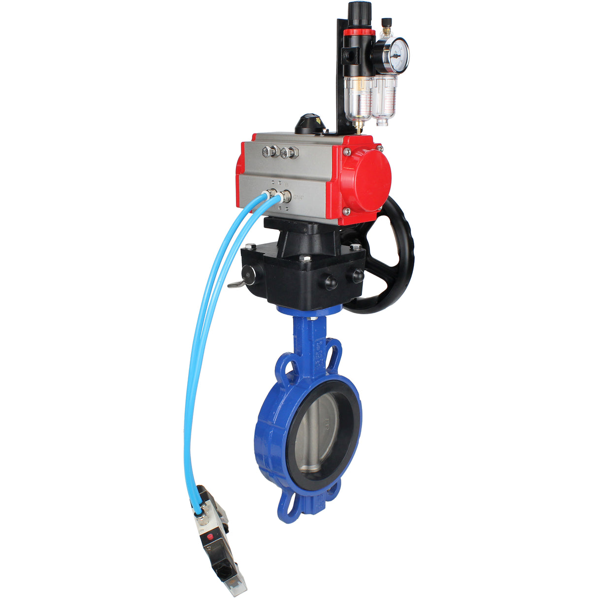 Water Butterfly Valve Elephant WBV1413E-2W-Fb-H, body material - cast iron GGG50, disk material - cast iron GGG40, seal - EPDM, with pneumatic actuator double action PA-DA, 4V320-08 220V, handwheel MON, ATU AFC2000