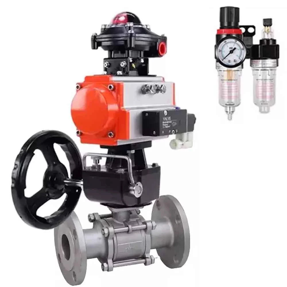 Ball valves Elephant BV3232P(3pc)-FP-F-ISO-H DN65-100 25/40 bar flanged, 316 stainless steel, full bore, seal - PTFE, with pneumatic drive PA-DA pneumatic distributor 4M310-08 NAMUR 220V, LSU APL-410N Ex, manual backup MON3-700-T38-ISO, ATU AFC2000