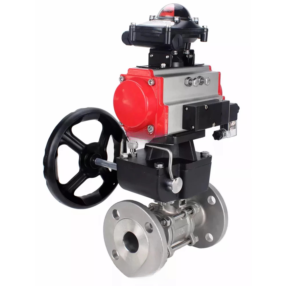 Ball valves Elephant BV3232P(3pc)-FP-F-ISO-H DN65-100 25/40 bar flanged, body - 316 stainless steel, full bore, seal - PTFE, with pneumatic drive PA-DA pneumatic distributor 4M310-08 NAMUR 24V, LSU APL-210N, manual backup MON3-700-T38-ISO