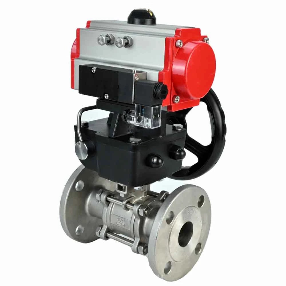 Ball valves Elephant BV3232P(3pc)-FP-F-ISO-H DN65-100 25/40 bar flanged with ISO flange, body - 316 stainless steel, full bore, seal - PTFE, with pneumatic drive PA-DA pneumatic distributor 4M310-08 NAMUR 24V, manual backup MON3-700-T38-ISO