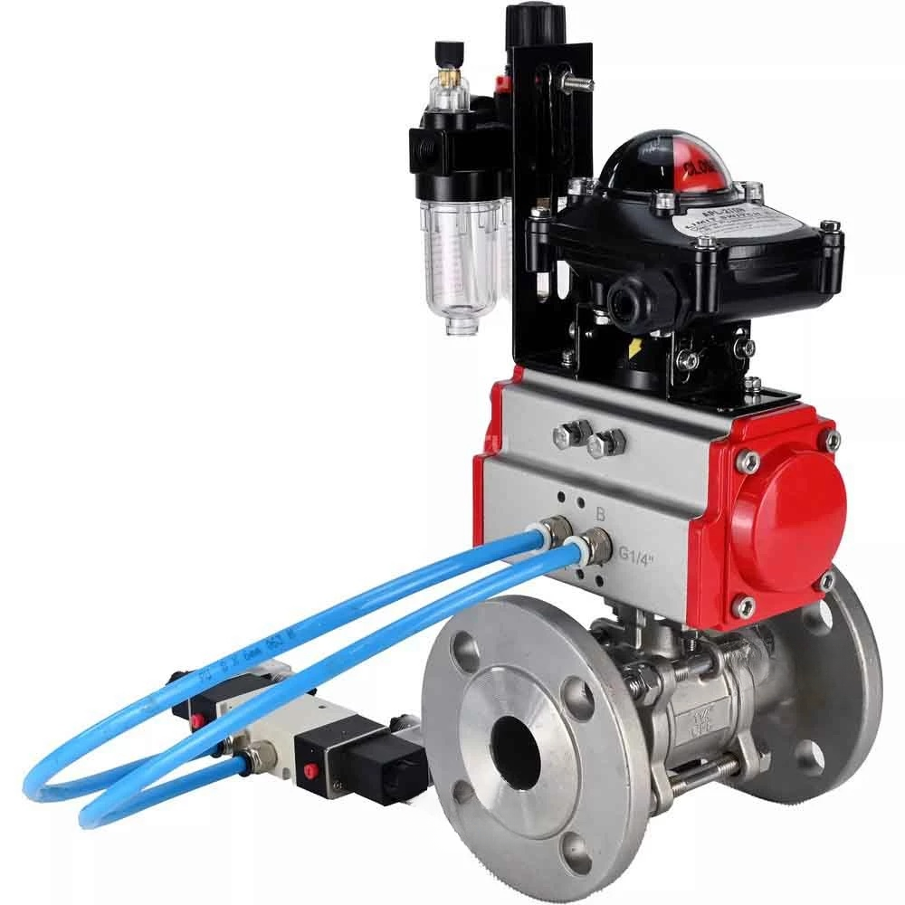 Ball valves Elephant BV3232P(3pc)-FP-F-ISO-H DN65-100 25/40 bar flanged with ISO flange, body - 316 stainless steel, full bore, seal - PTFE, with pneumatic drive PA-DA pneumatic distributor 4V320-08 220V, LSU APL-410N Ex, ATU AFC2000