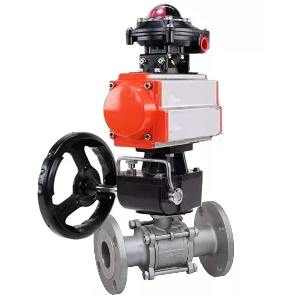 Ball valves Elephant BV3232P(3pc)-FP-F-ISO-H DN65-100 25/40 bar flanged with ISO flange, body - 316 stainless steel, full bore, seal - PTFE, with pneumatic drive PA-DA LSU APL-410N Ex, manual backup MON3-700-T38-ISO