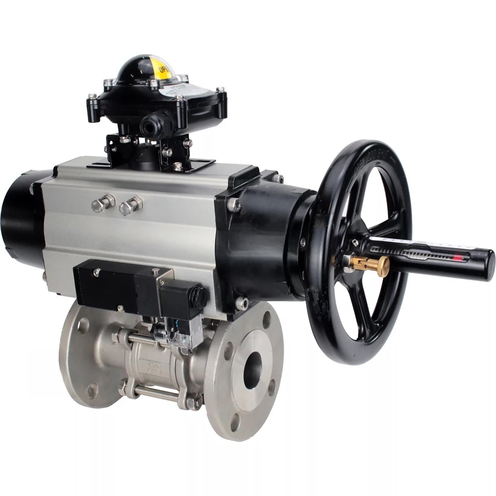 Ball valves Elephant BV3232P(3pc)-FP-F-ISO-H DN65-100 25/40 bar flanged with ISO flange, body - 316 stainless steel, full bore, seal - PTFE, with pneumatic drive PA-DA-105-1, pneumatic distributor 4V320-08 220V, LSU APL-210N