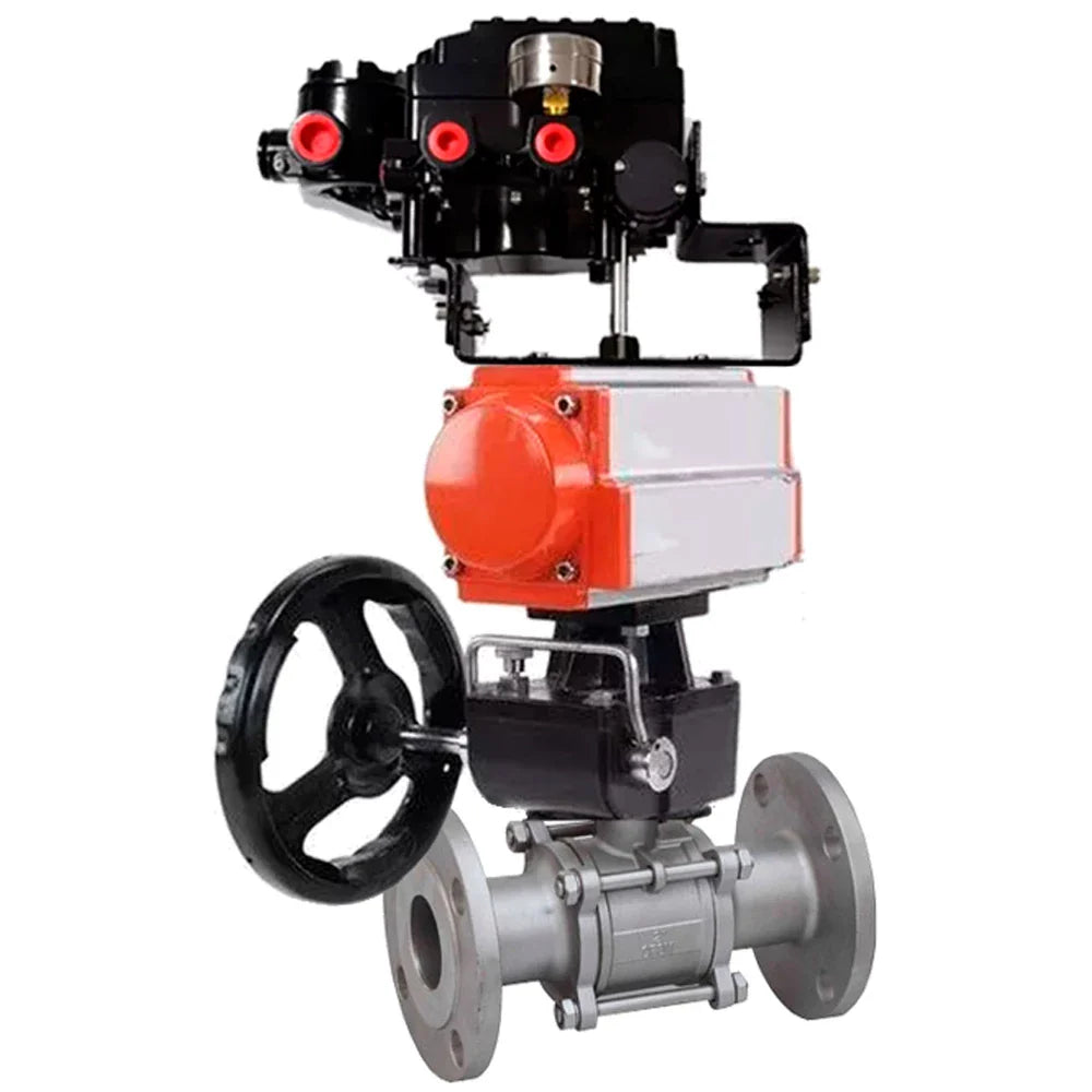 Ball valves Elephant BV3232P(3pc)-FP-F-ISO-H DN65-100 25/40 bar flanged, 316 stainless steel, full bore, seal - PTFE, with pneumatic drive PA-DA  and MON3-700-T38-ISO manual backup, YT-1000RSN electro-pneumatic positioner without feedback