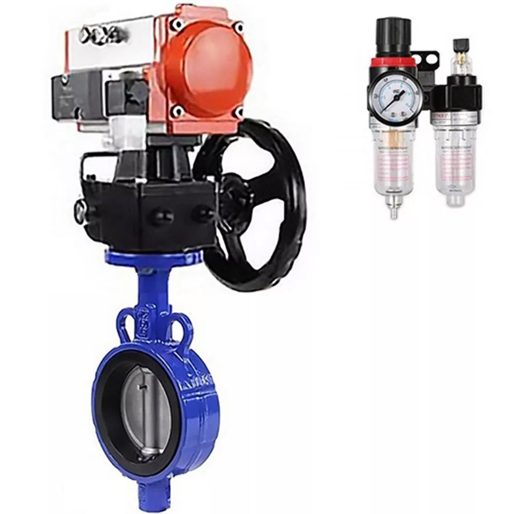 Water Butterfly Valve Elephant WBV0232E-2W-Fb-H, body material - aluminum alloy, disk material - stainless steel AISI 316L, seal - EPDM, with pneumatic actuator double action PA-DA, handwheel MON-065, 4V320-08 220V, handwheel MON, ATU AFC2000