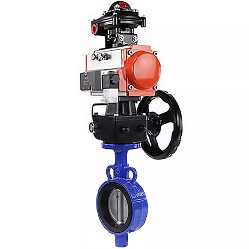 Water Butterfly Valve Elephant WBV1132N-2W-Fb-H, body material - grey cast iron GG25, disk material - stainless steel AISI 316L, seal - NBR, with pneumatic actuator double action PA-DA, 4V320-08 220V, handwheel MON, LSU APL-510N-EX