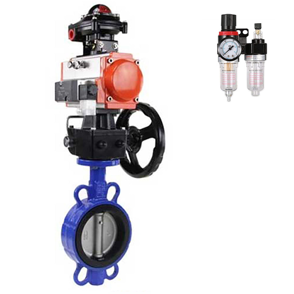 Water butterfly valve Elephant GGG50-316L-EPDM body material - cast iron GGG50, disk material - stainless steel 316L, seal - EPDM with double-acting pneumatic actuator Elephant DA, pneumatic distributor 4M310-08 NAMUR 220V, manual doubler HDM, air filter