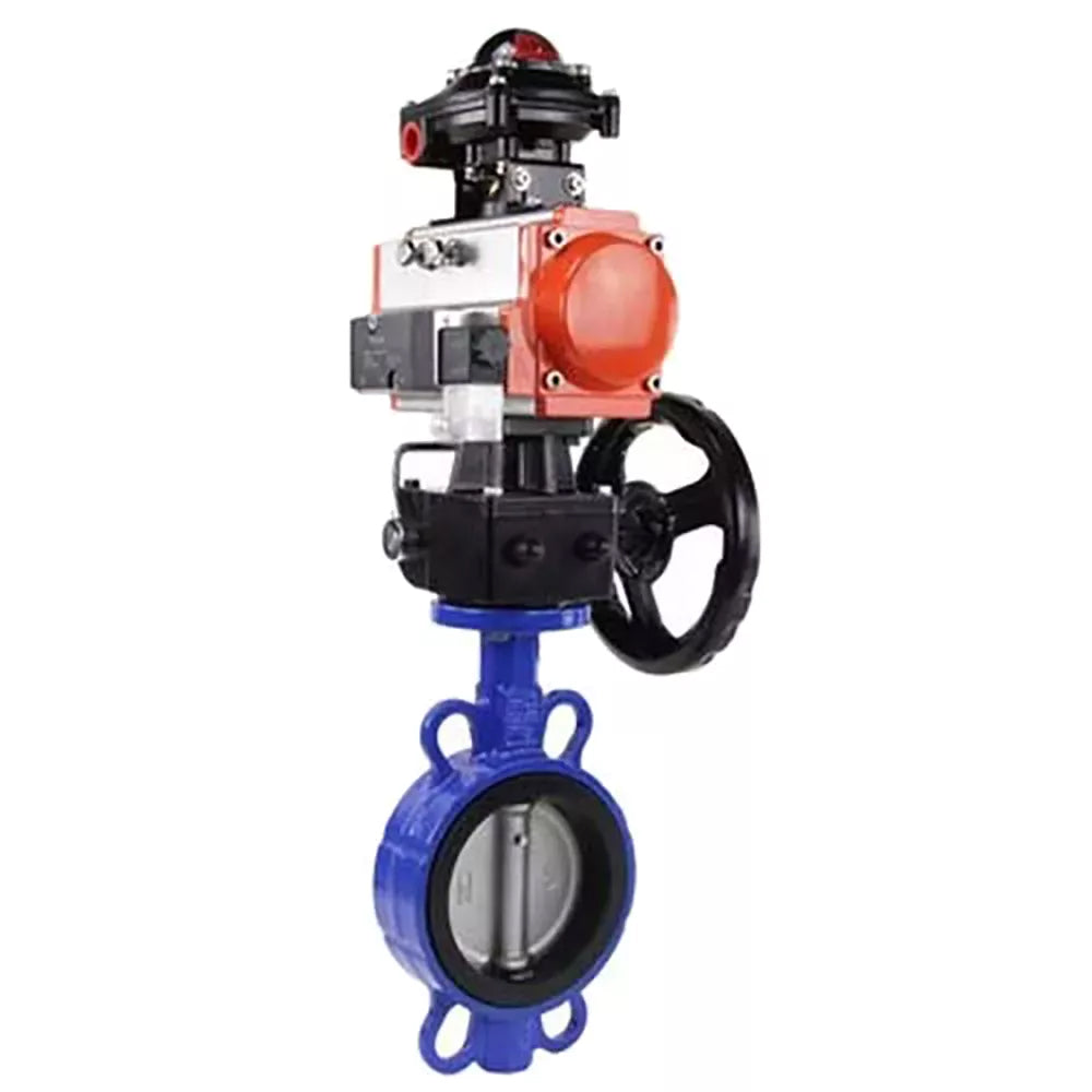 Water Butterfly Valve Elephant WBV3232P-2W-Fb-H, body material - stainless steel AISI 316L, disk material - stainless steel AISI 316L, seal - PTFE, with pneumatic actuator double action PA-DA, 4V320-08 220V, handwheel MON, LSU APL-510N-EX