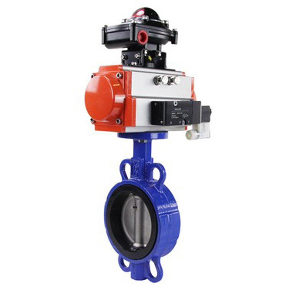 Water Butterfly Valve Elephant WCB-316L-NBR body material - Carbon steel WCB, disk material - Stainless steel AISI 316L, seal - NBR with pneumatic actuator with return springs Elephant SA, pneumatic distributor 4M310-08 NAMUR 220V and limit switch block
