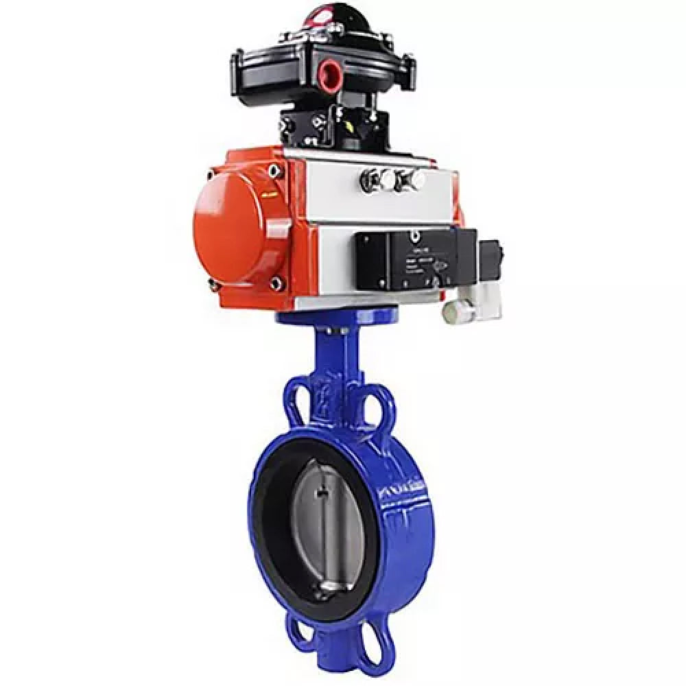 Water Butterfly Valve Elephant WBV3432N-2W-Fb-H, body material - carbon steel, disk material - stainless steel AISI 316L, seal - NBR, with pneumatic actuator with return springs PA-SA, 4V320-08 220V, LSU APL-410N EX