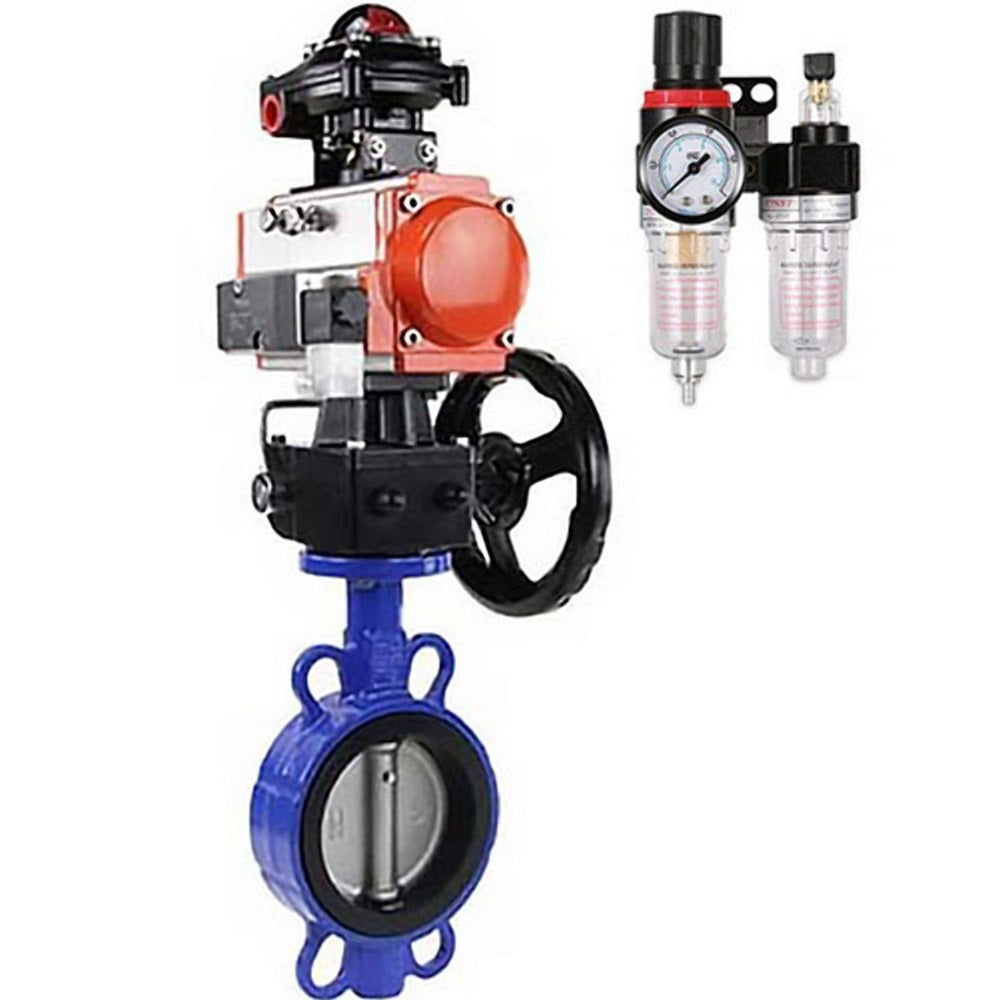 Water butterfly valve Elephant GG25-316L-NBR body material - cast iron GG25, disk material - stainless steel 316L, seal - NBR with pneumatic actuator DA, pneumatic distributor 4M310-08 NAMUR 24V, limit switch block APL-410N EX, manual doubler HDM and air