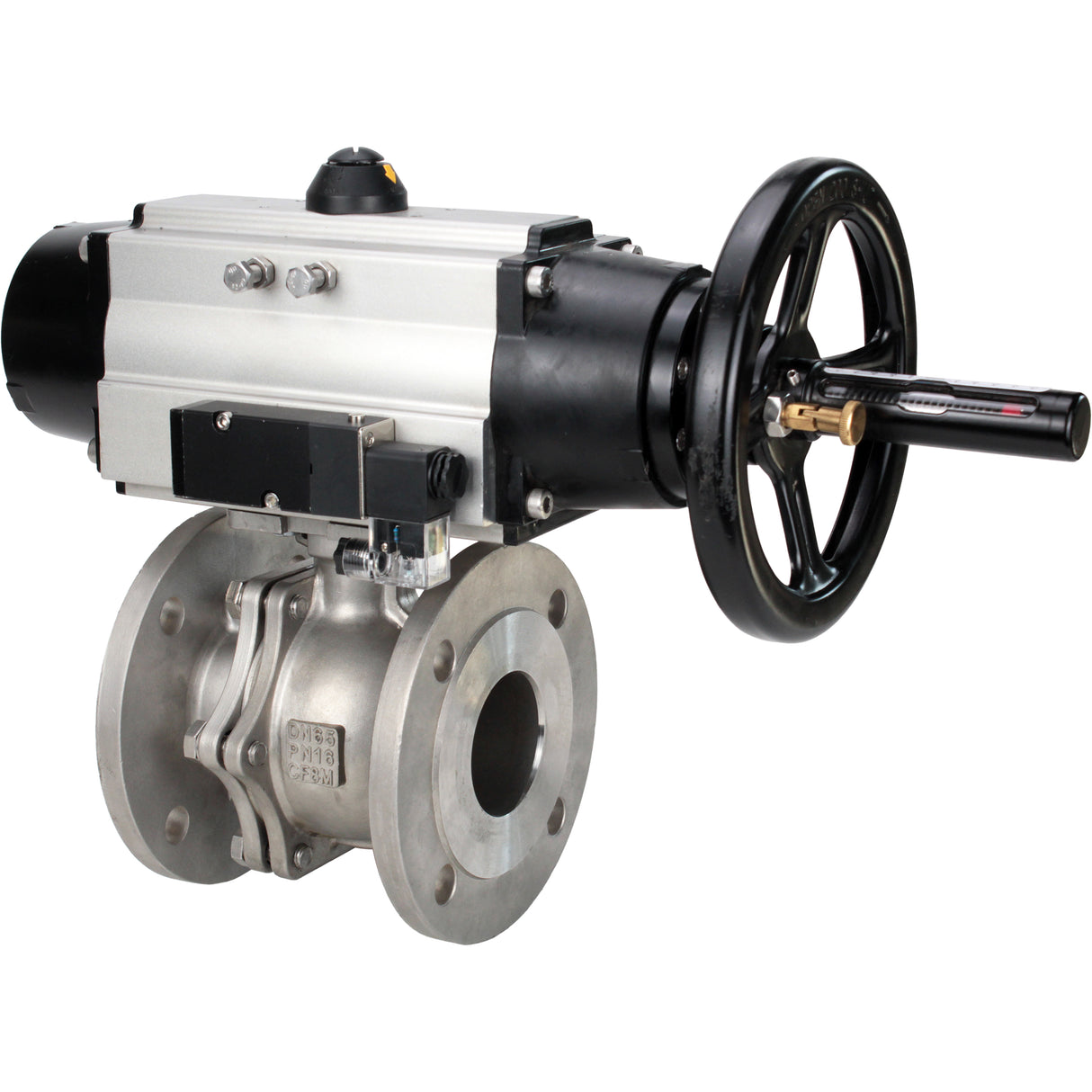 Ball valves Elephant BV3232P(2pc)-FP-F-ISO-H DN80-100 16 bar, full bore flanged, stainless steel SS316, seal - PTFE, with pneumatic actuator PA-DA-105-1 double acting, with pneumatic distributor 4M310-08 NAMUR 220V