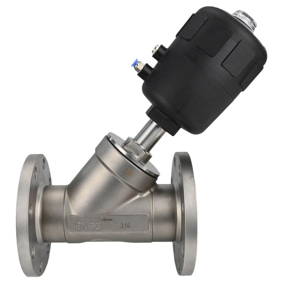 Pneumatic valve Elephant VS324PV-F-1PNC, body material - stainless steel CF8M, flanged, Y-shaped