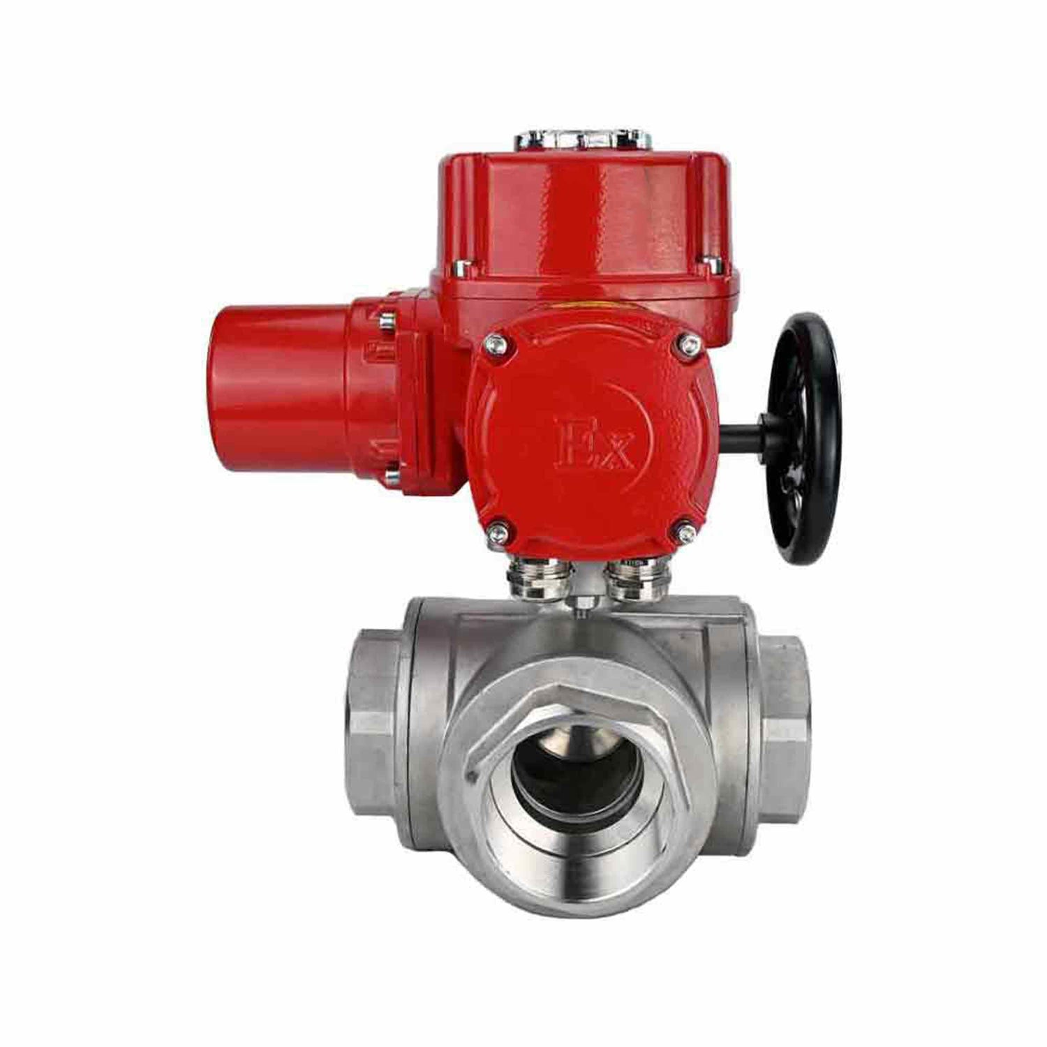 Stainless steel ball valve Elephant RP.SS316.200.MM.ISO 63 bar threaded, standard port, three way, L-type, body material - stainless steel AISI 316, with quater-turn electric actuator Elephant QT-W (M) EX 380V