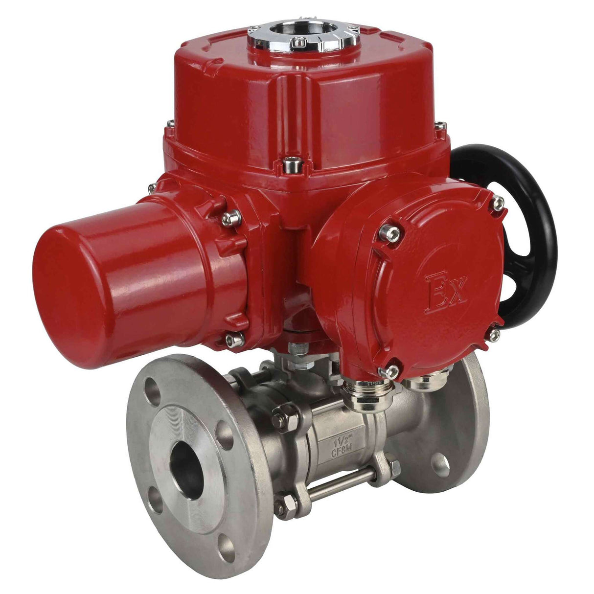 Stainless steel ball valve Elephant BVFPT,316,180 three-part, body material - stainless steel SS316, seal - PTFE, flanged, full port, quarter-turn electric actuator Elephant QT-W (M) EX 380 V