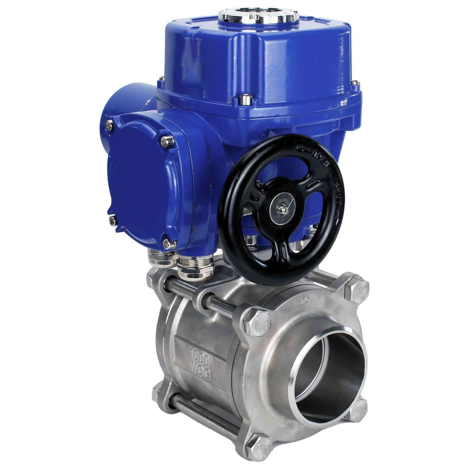 Stainless steel ball valve Elephant BVPP 316,200-ISO 63 bar SS316 full port, for welding, body material - stainless steel, quarter-turn electric actuator Elephant QT-W (M) 220 V