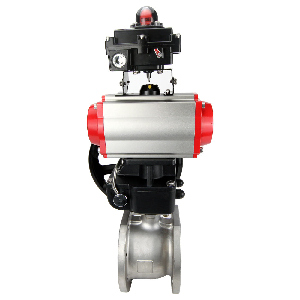 Stainless steel ball valve Elephant BVFP,316, pneumatic actuator Elephant DA, gearbox HDM, pneumatic distributor 4M310-08 NAMUR  24 V, limit switch block APL-410N EX