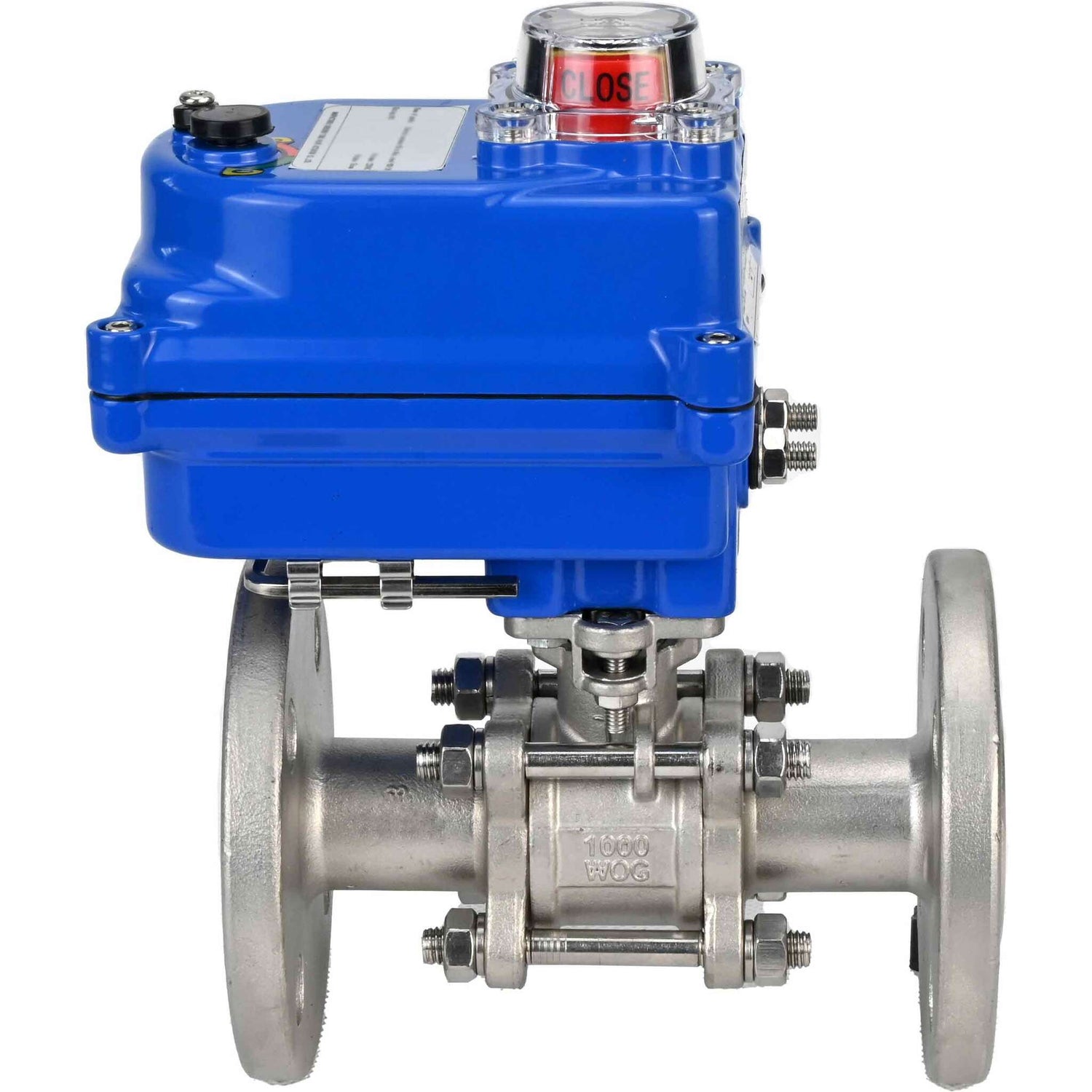 Stainless steel ball valve Elephant BVFPT-ISO,316,180 40 bar three-part, body material - stainless steel SS316, seal - PTFE, flanged, full port, electric actuator Elephant 003 blue 220 V