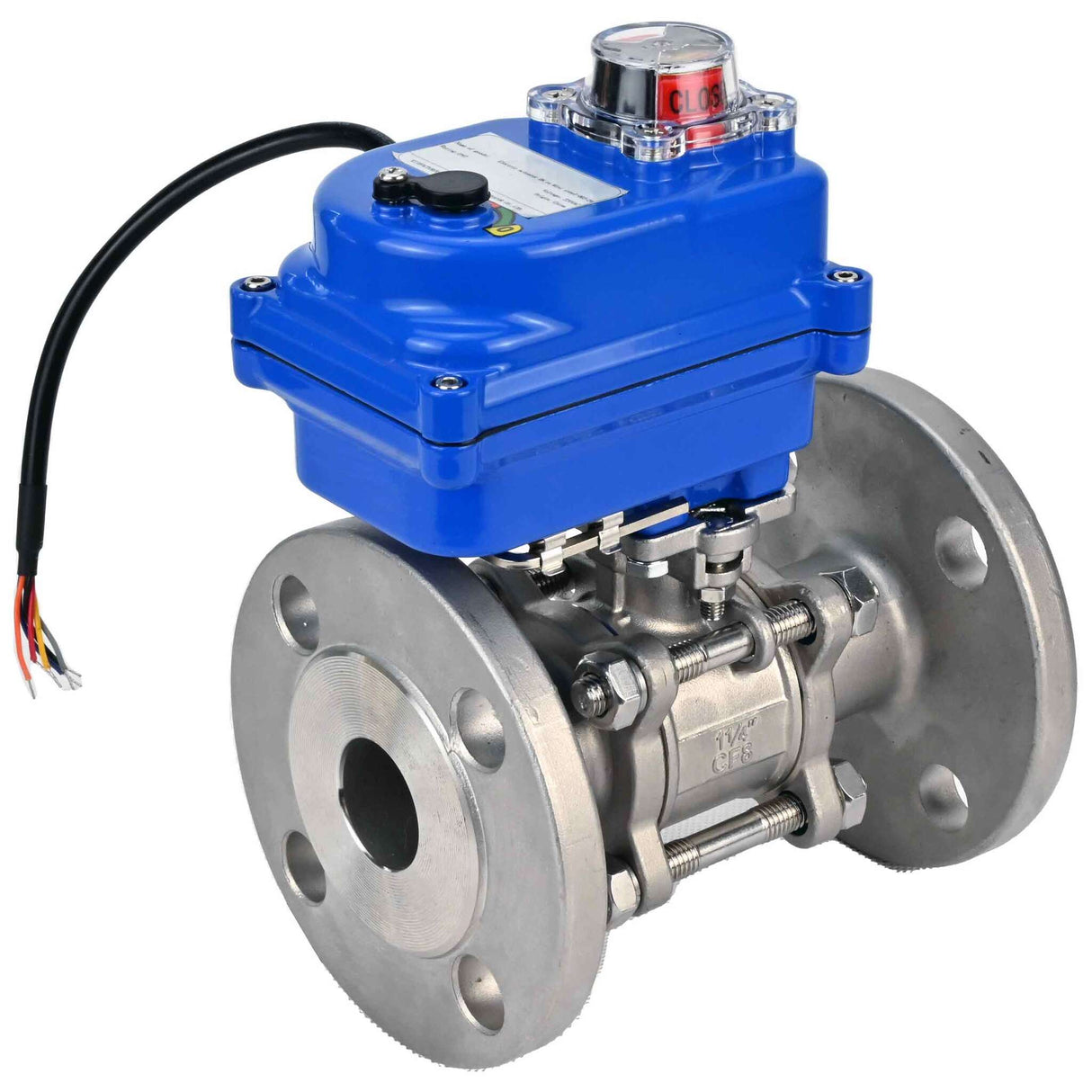 Stainless steel ball valve Elephant BVFPT-ISO,304,180 three-part, body material - stainless steel SS304, seal - PTFE, flanged, full port, electric actuator Elephant 003 blue 24 V