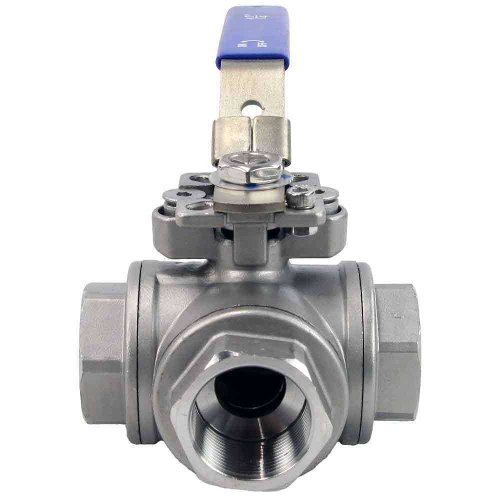 Stainless steel ball 3-way valve Threaded NPT/BSP T-type standard port Elephant BV3232P(4pc)-SP-3WT-T-ISO-H with ISO 5211 mounting pad and handle