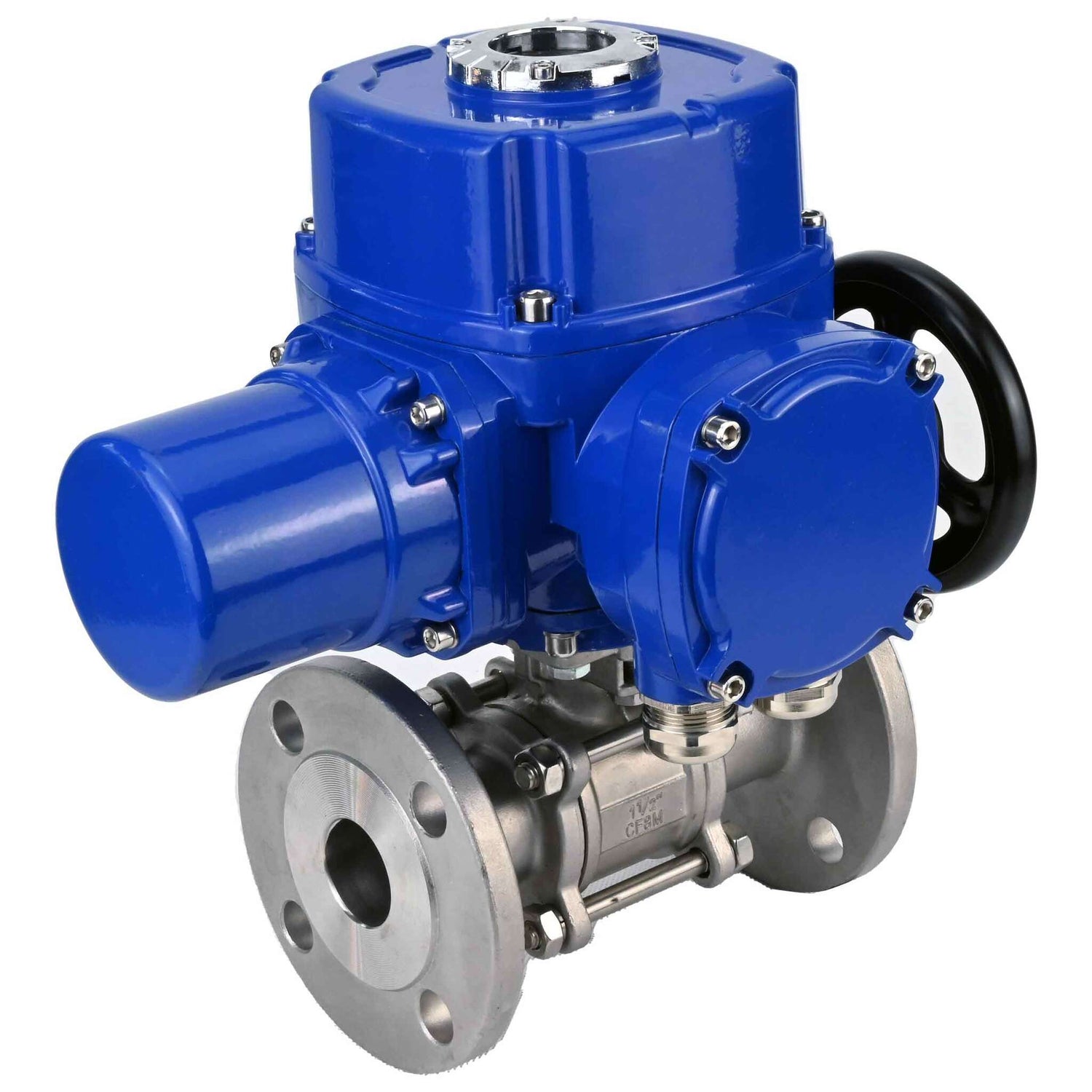 Stainless steel ball valve Elephant BVFPT,316,180 three-part, body material - stainless steel SS316, seal - PTFE, flanged, full port, quarter-turn electric actuator Elephant QT-W (M) 220 V