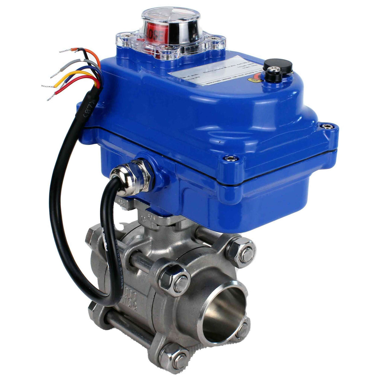 Stainless steel ball valve Elephant BVPP 316,200-ISO 63 bar SS316 full port, for welding, body material - stainless steel, quarter-turn electric actuator Elephant 003 blue 220 V